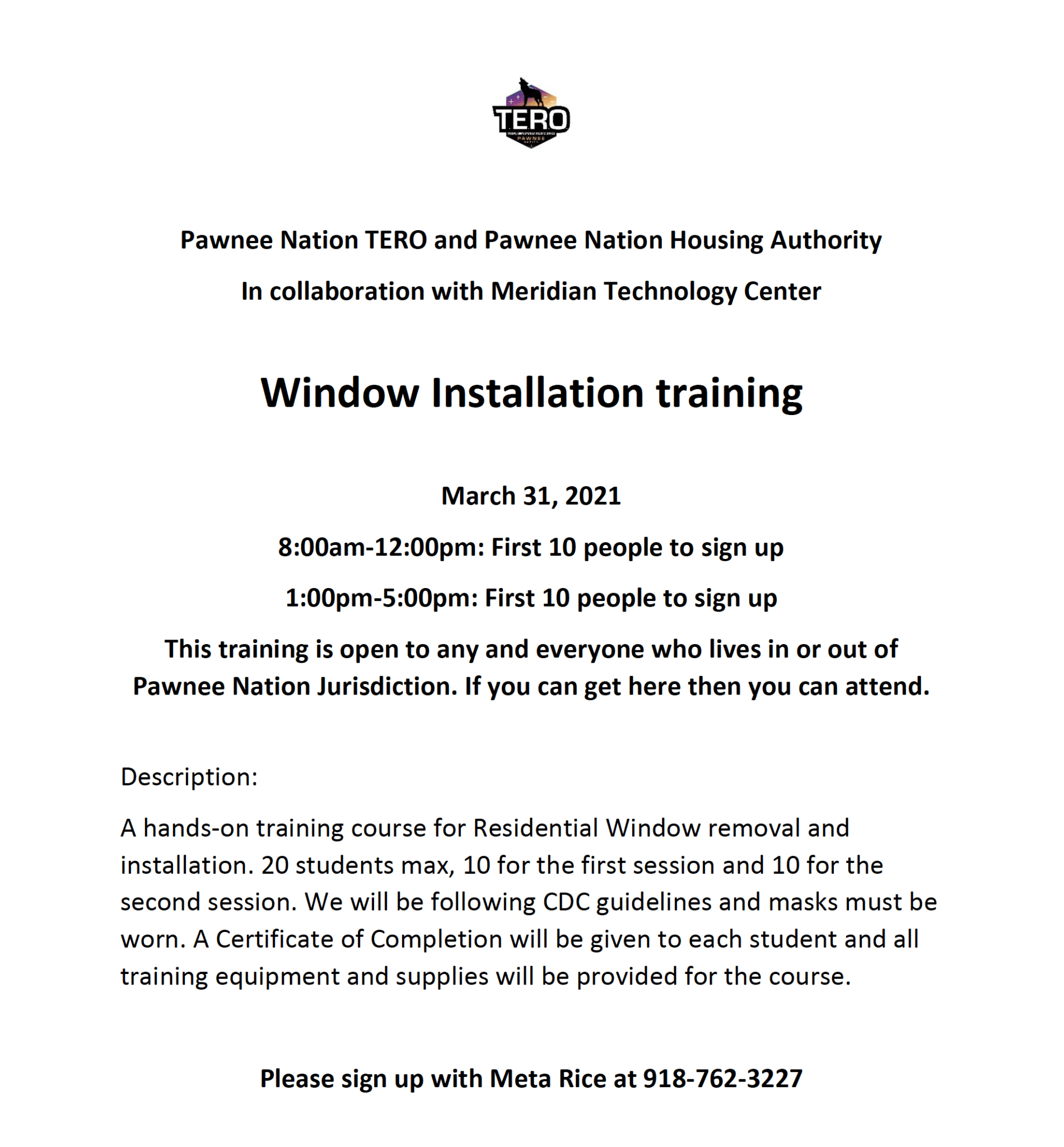 Pawnee Nation TERO and Pawnee Nation Housing Authority Window