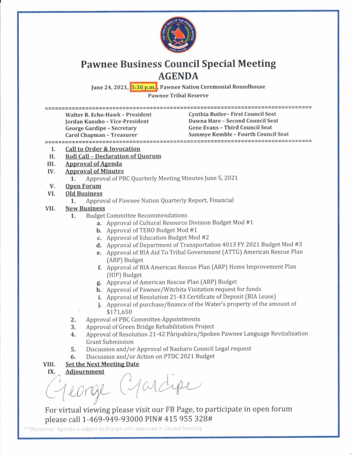 Pawnee Business Council Special Meeting AGENDA | Pawnee Nation