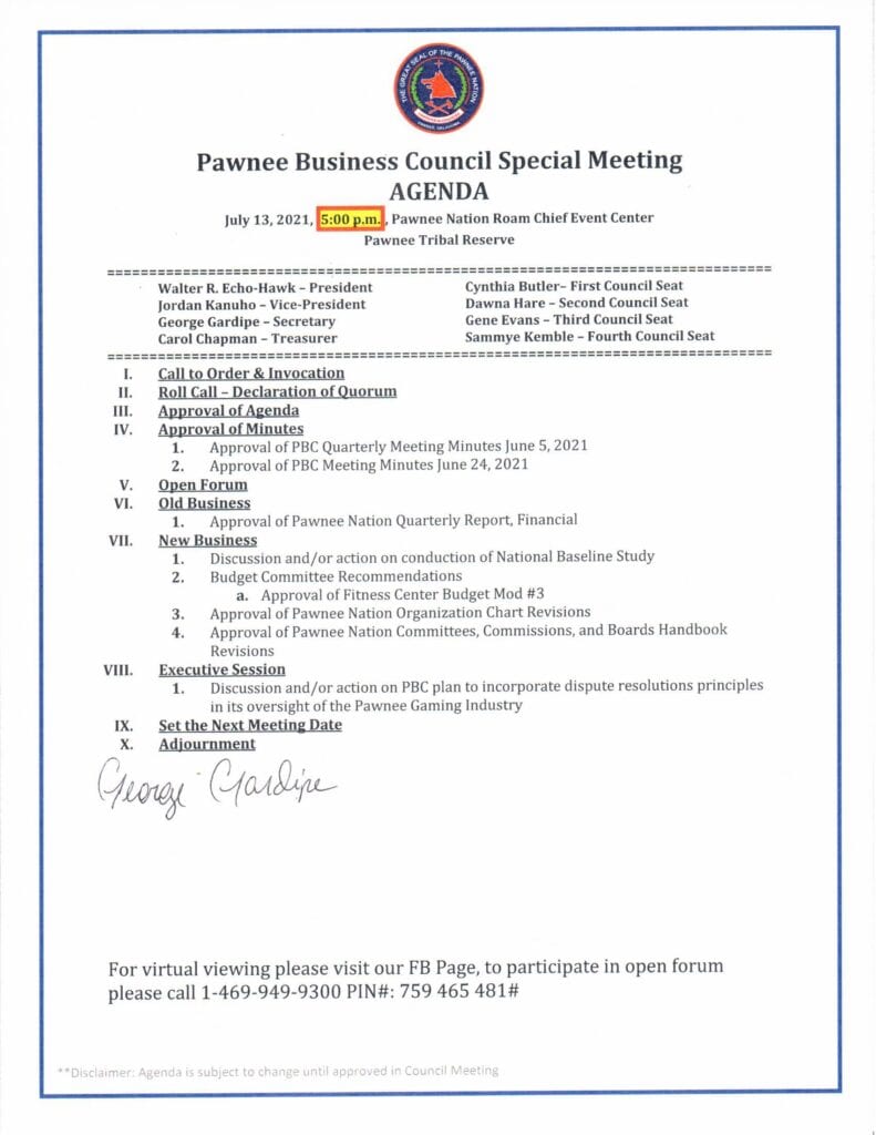 Pawnee Business Council Special Meeting Agenda-7/13/2021 | Pawnee Nation