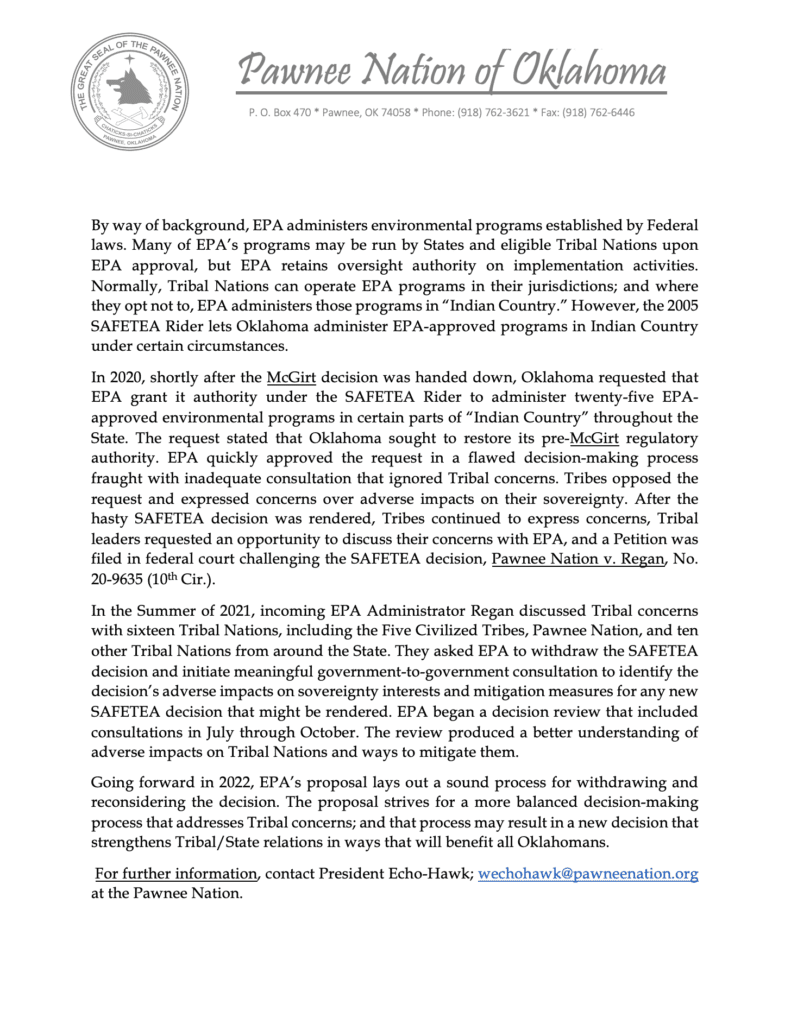 Pawnee Nation Press Release on EPA's proposal to withdraw and