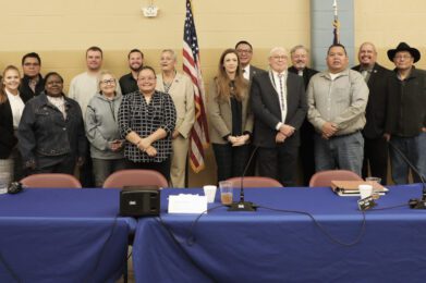 March 24, 2022 - Pawnee Nation Business Council, City of Pawnee, and the Nasharo (Rêsâru’karu) Council  all pose for a photo together for the first time for a joint committee to improve the community.